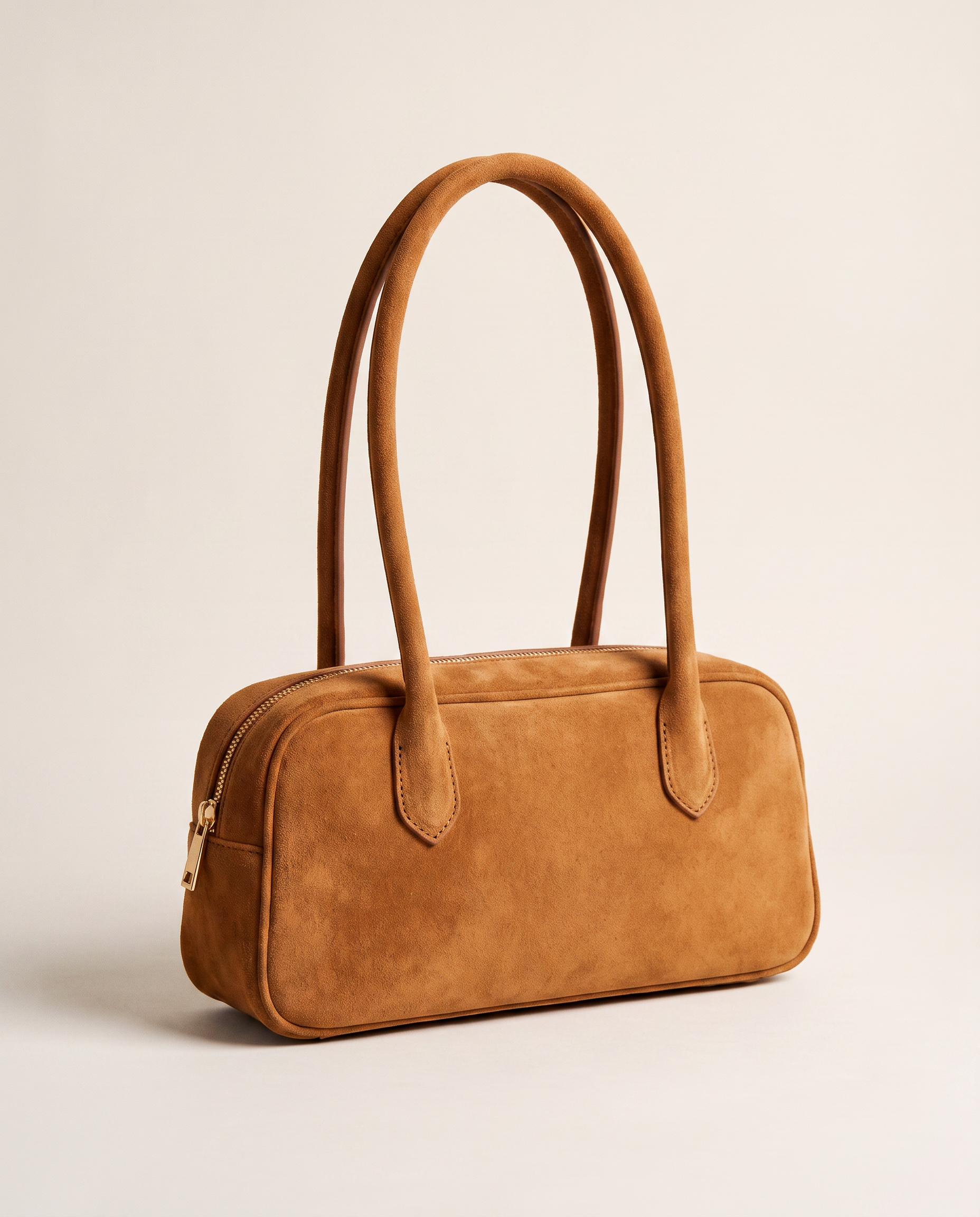 Borsa baguette donna in vera pelle scamosciata color cuoio, foto singola frontale