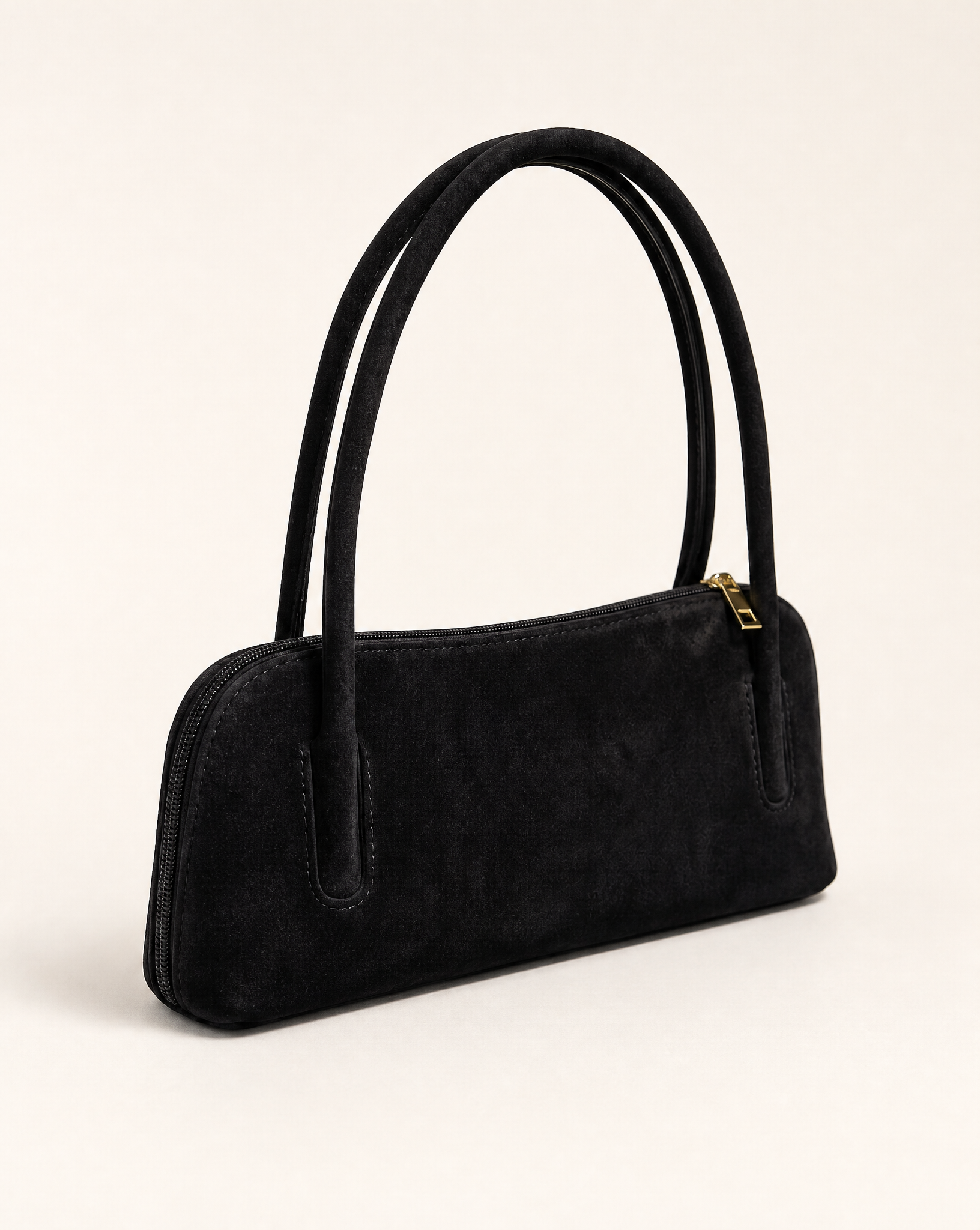 Borsa baguette donna in vera pelle scamosciata nera, foto singola tre quarti
