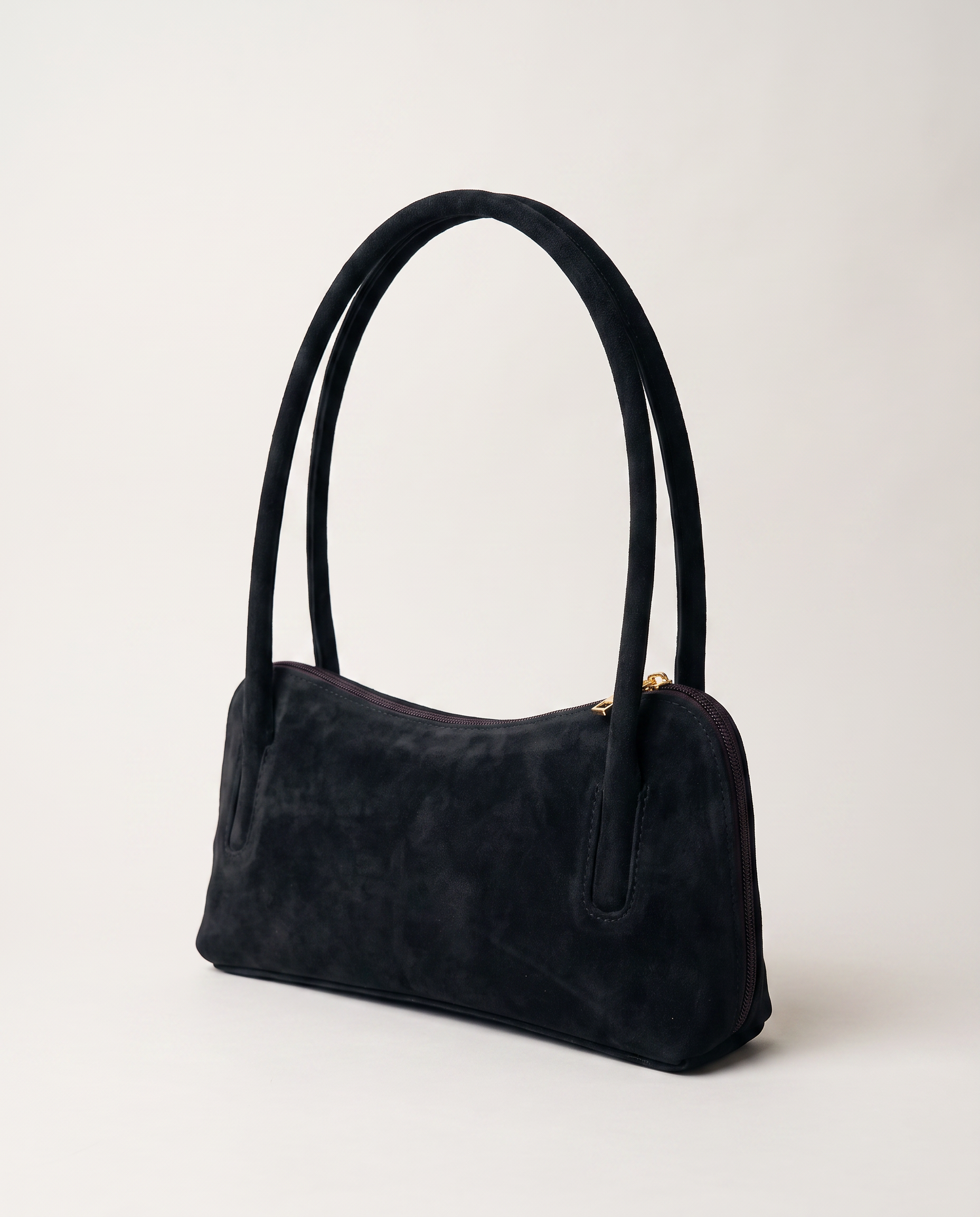 Borsa baguette donna in vera pelle scamosciata nera, foto singola laterale