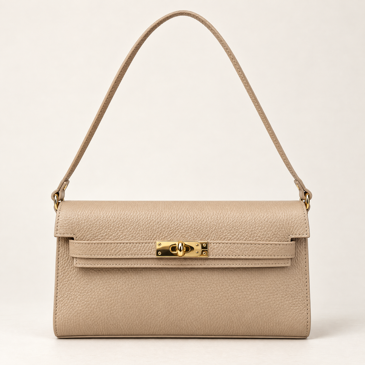 Borsa baguette in vera pelle beige con chiusura dorata – frontale