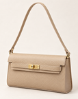 Borsa baguette in vera pelle beige con chiusura dorata – tre quarti
