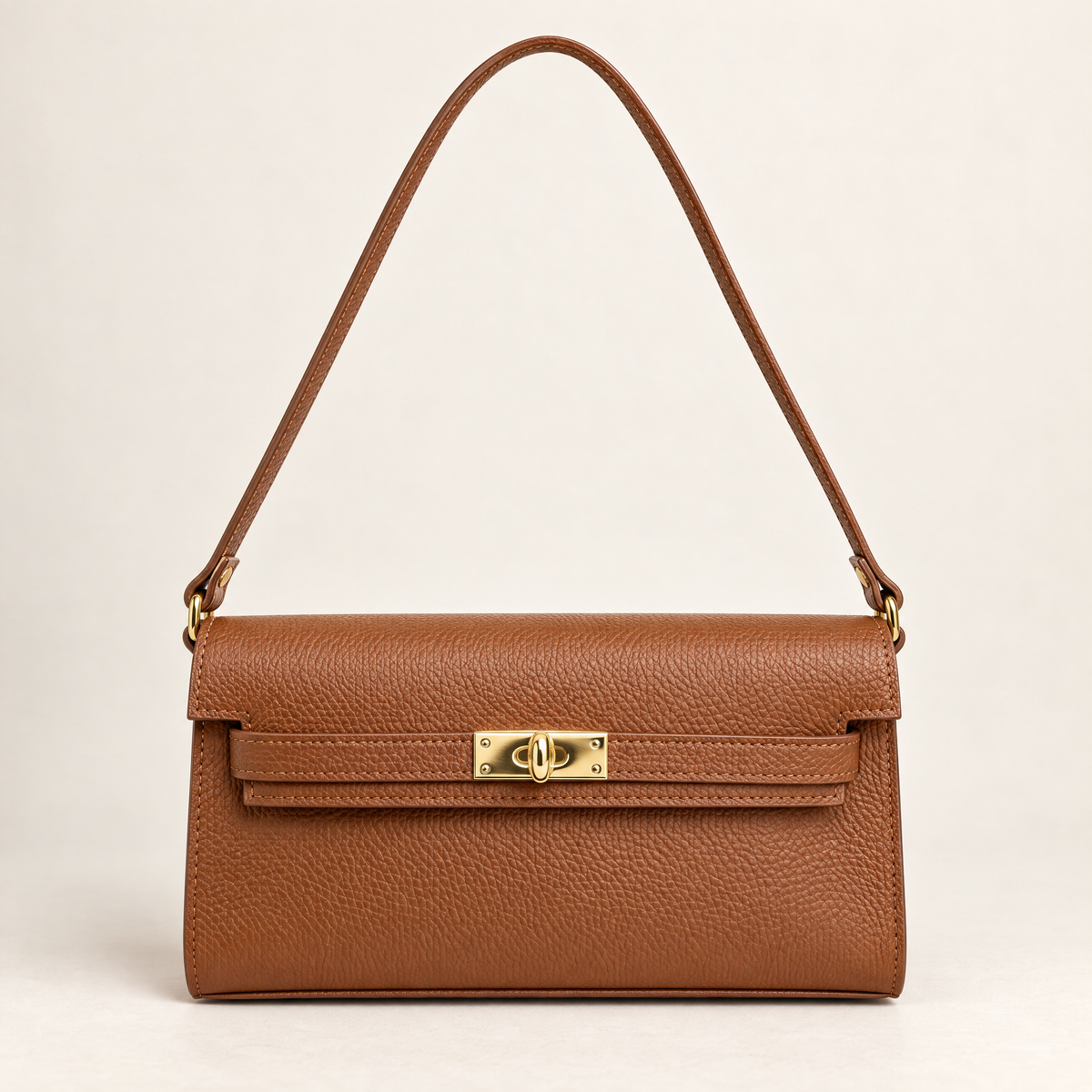 Borsa baguette in vera pelle marrone con chiusura dorata – frontale