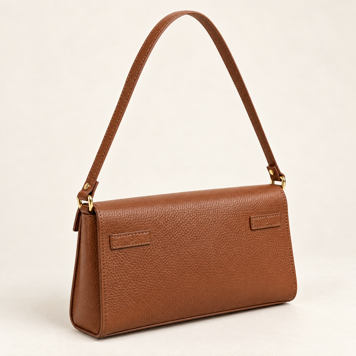 Borsa baguette in vera pelle marrone con chiusura dorata – retro