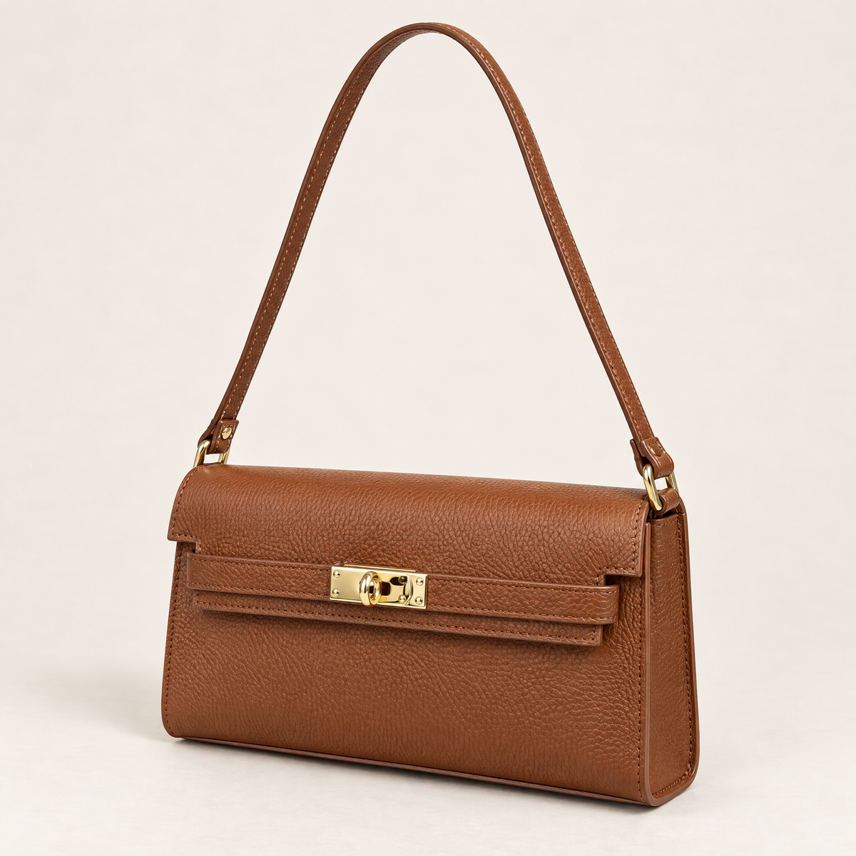 Borsa baguette in vera pelle marrone con chiusura dorata – tre quarti