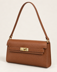 Borsa baguette in vera pelle marrone con chiusura dorata – tre quarti