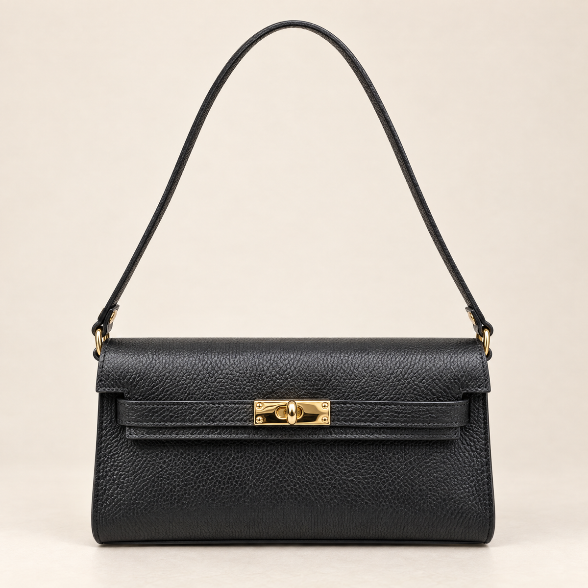 Borsa baguette in vera pelle nero con chiusura dorata – frontale
