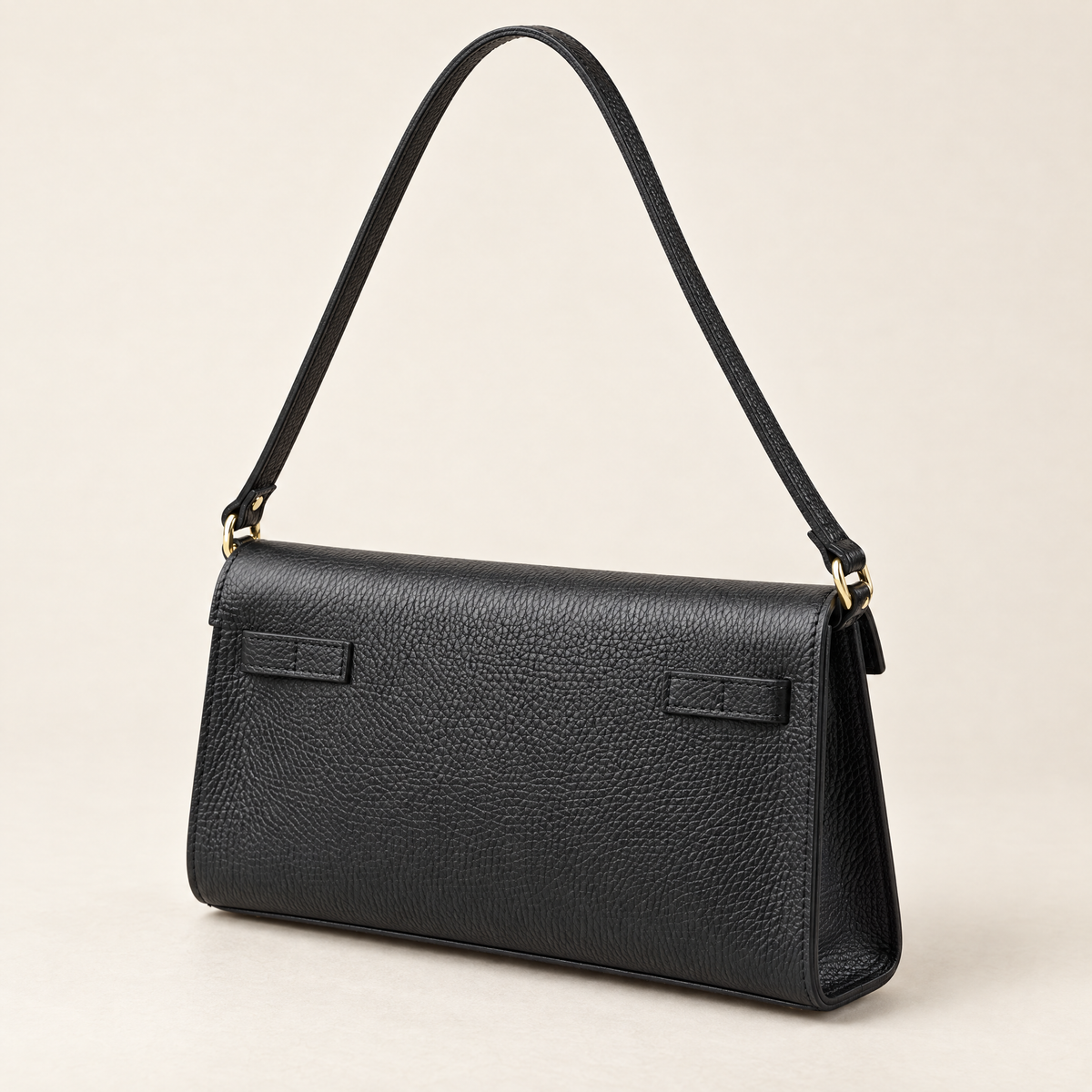 Borsa baguette in vera pelle nero con chiusura dorata – retro