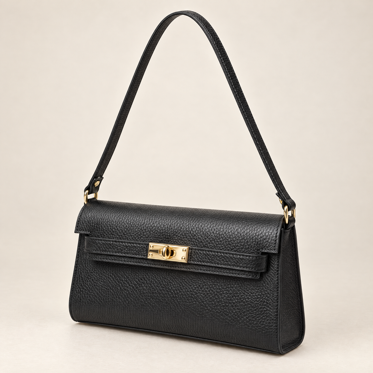 Borsa baguette in vera pelle nero con chiusura dorata – tre quarti