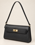 Borsa baguette in vera pelle nero con chiusura dorata – tre quarti