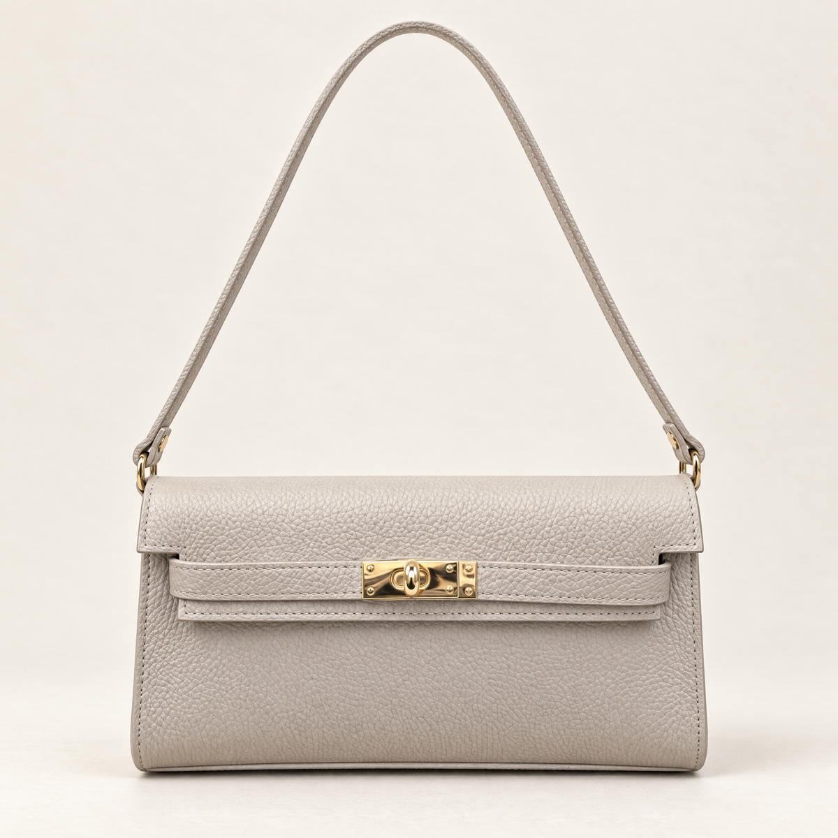 Borsa baguette in vera pelle taupe con chiusura dorata – frontale