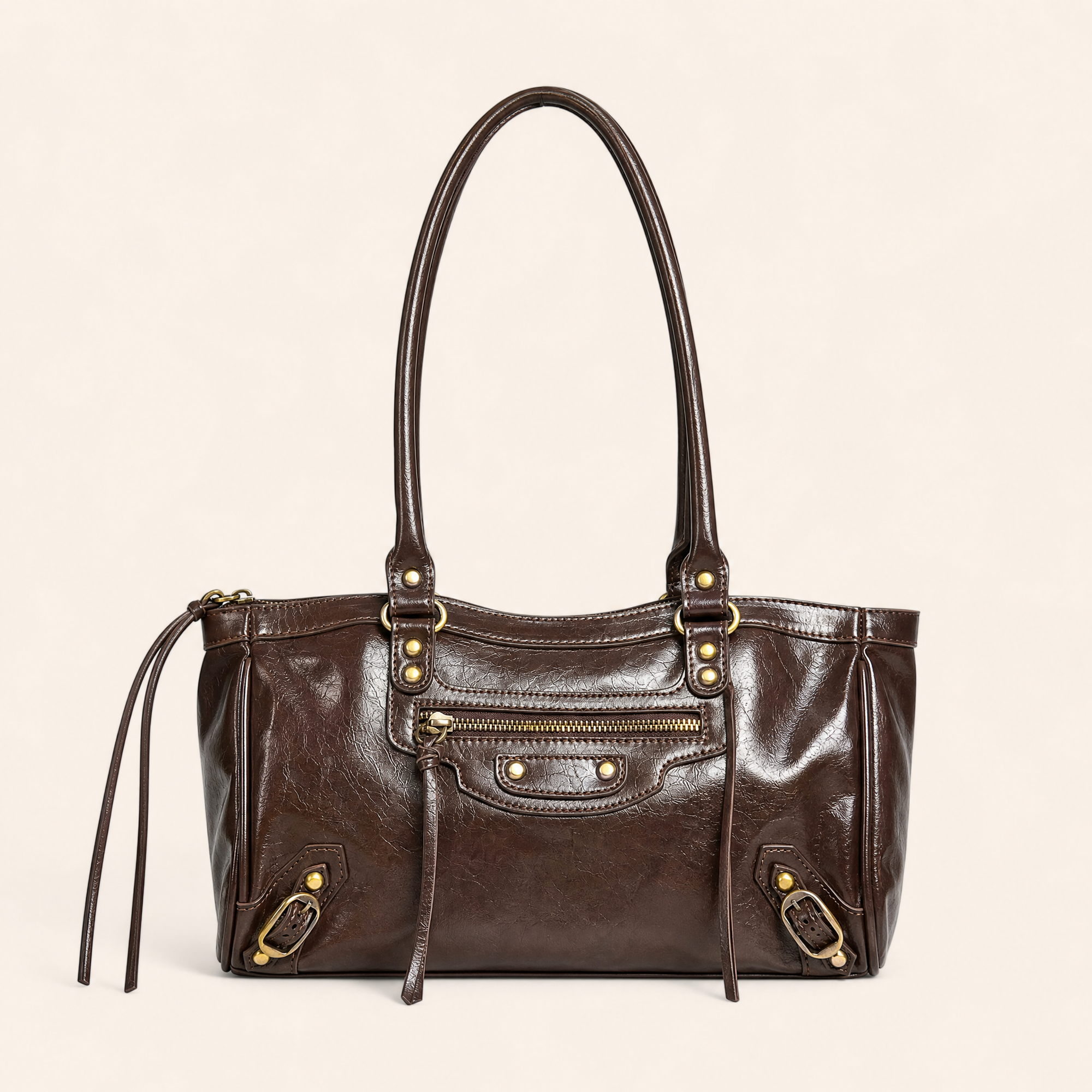 Borsa a spalla in ecopelle marrone, vista frontale