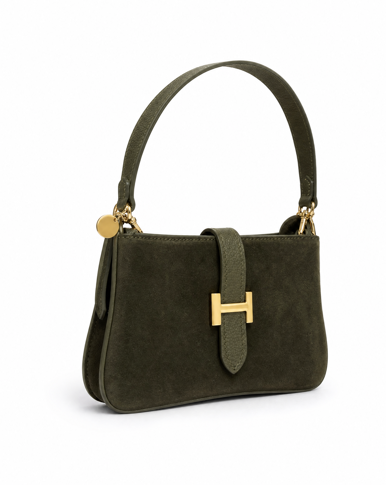 Borsa scamosciata verde militare con fibbia H dorata, seconda vista su sfondo bianco