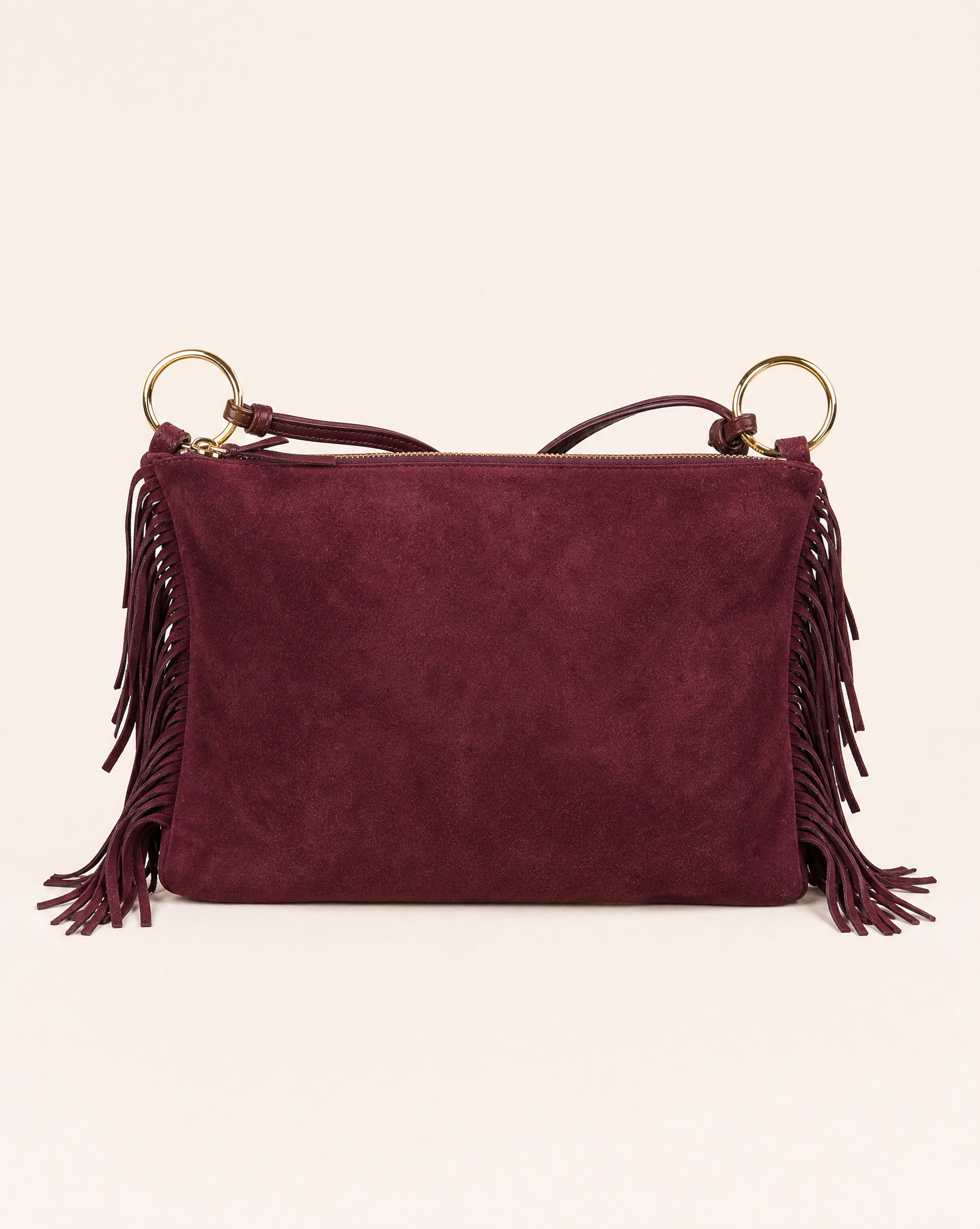 Borsa donna con frange in vera pelle – Bordeaux frontale