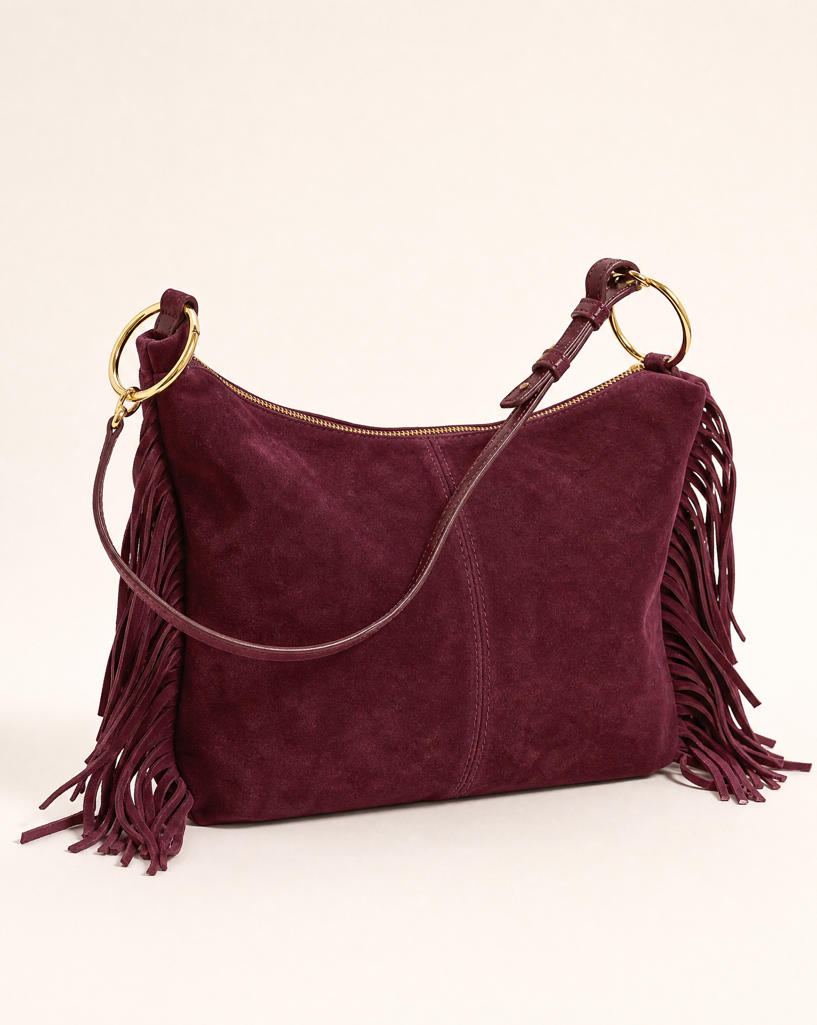 Borsa donna con frange in vera pelle – Bordeaux tre-quarti