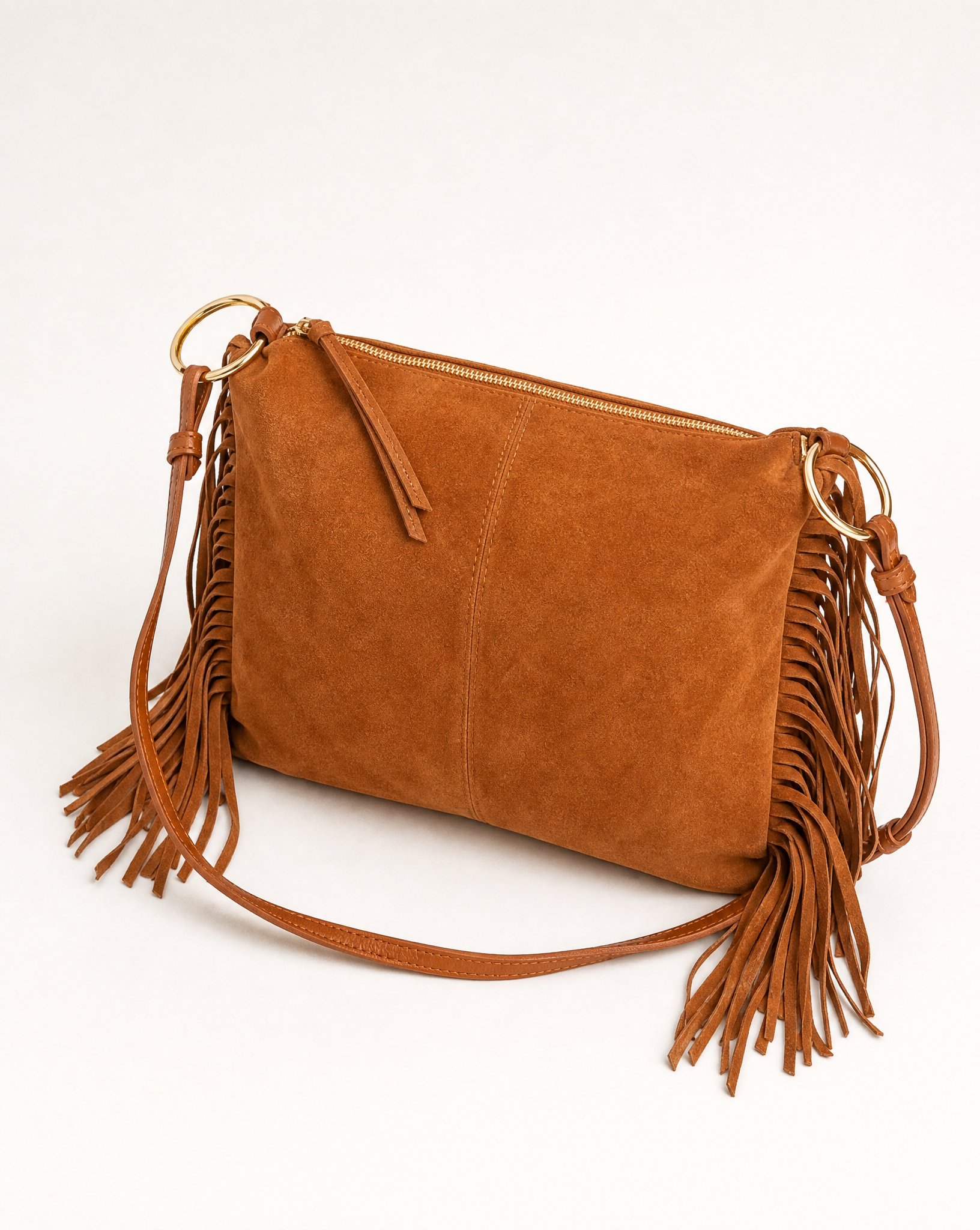 Borsa donna con frange in vera pelle – Camel tre-quarti