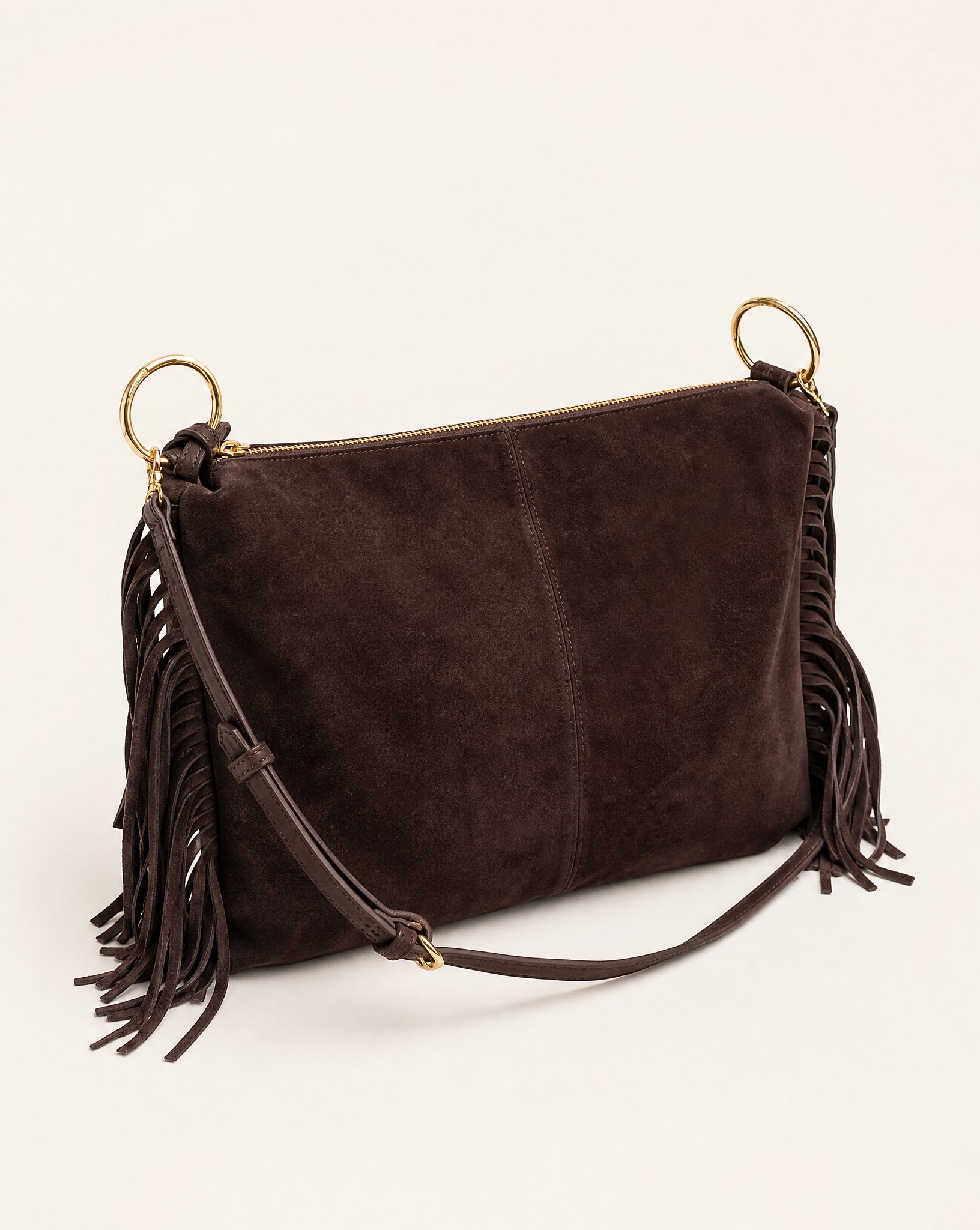 Borsa donna con frange in vera pelle – Marrone testa di moro tre-quarti