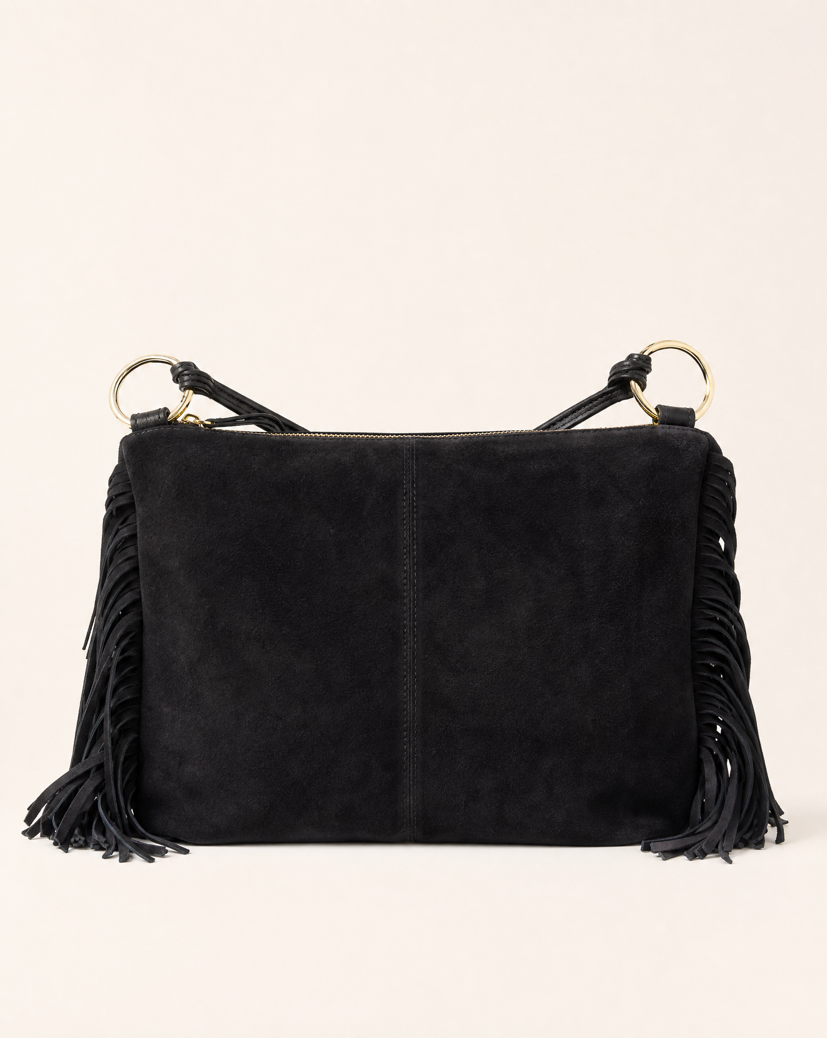 Borsa donna con frange in vera pelle – Nero frontale