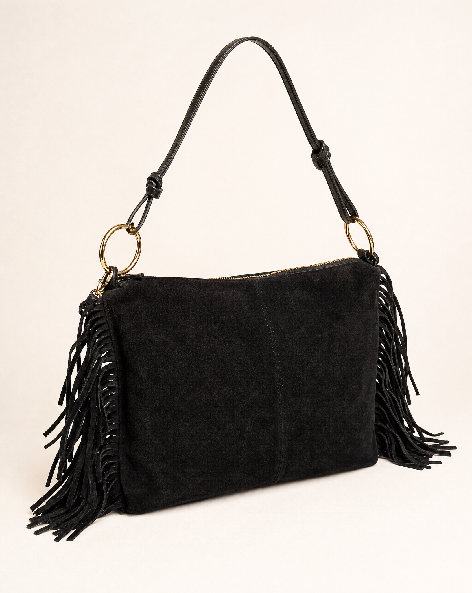 Borsa donna con frange in vera pelle – Nero tre-quarti
