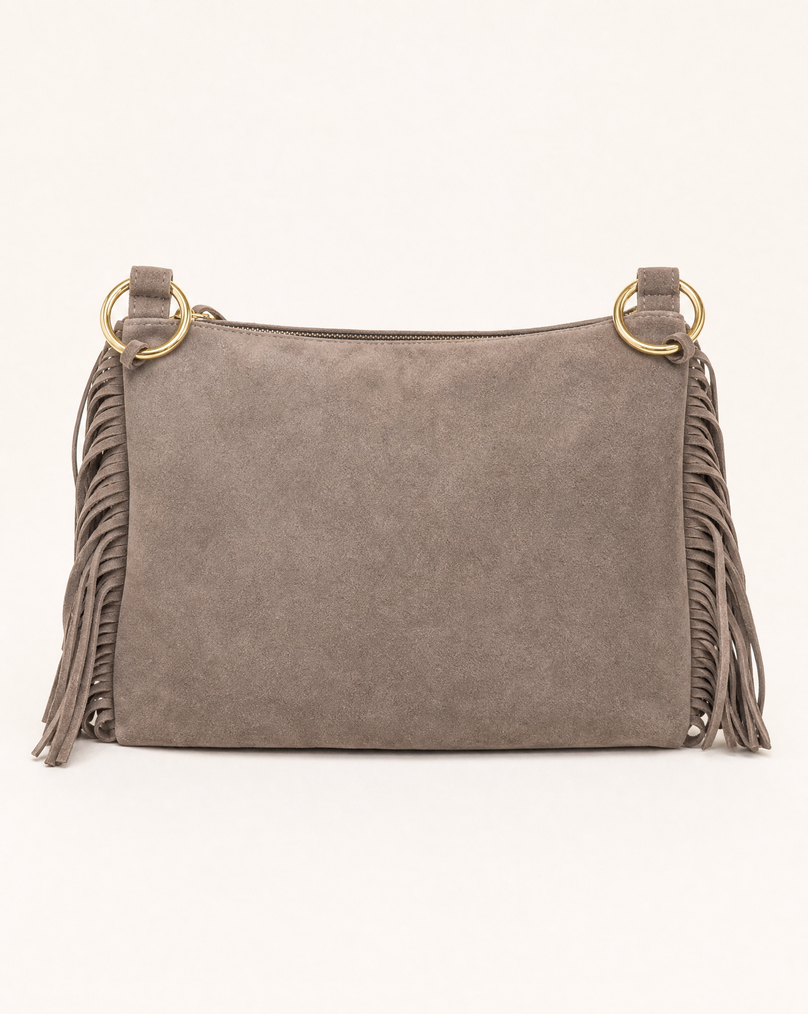 Borsa donna con frange in vera pelle – Taupe frontale