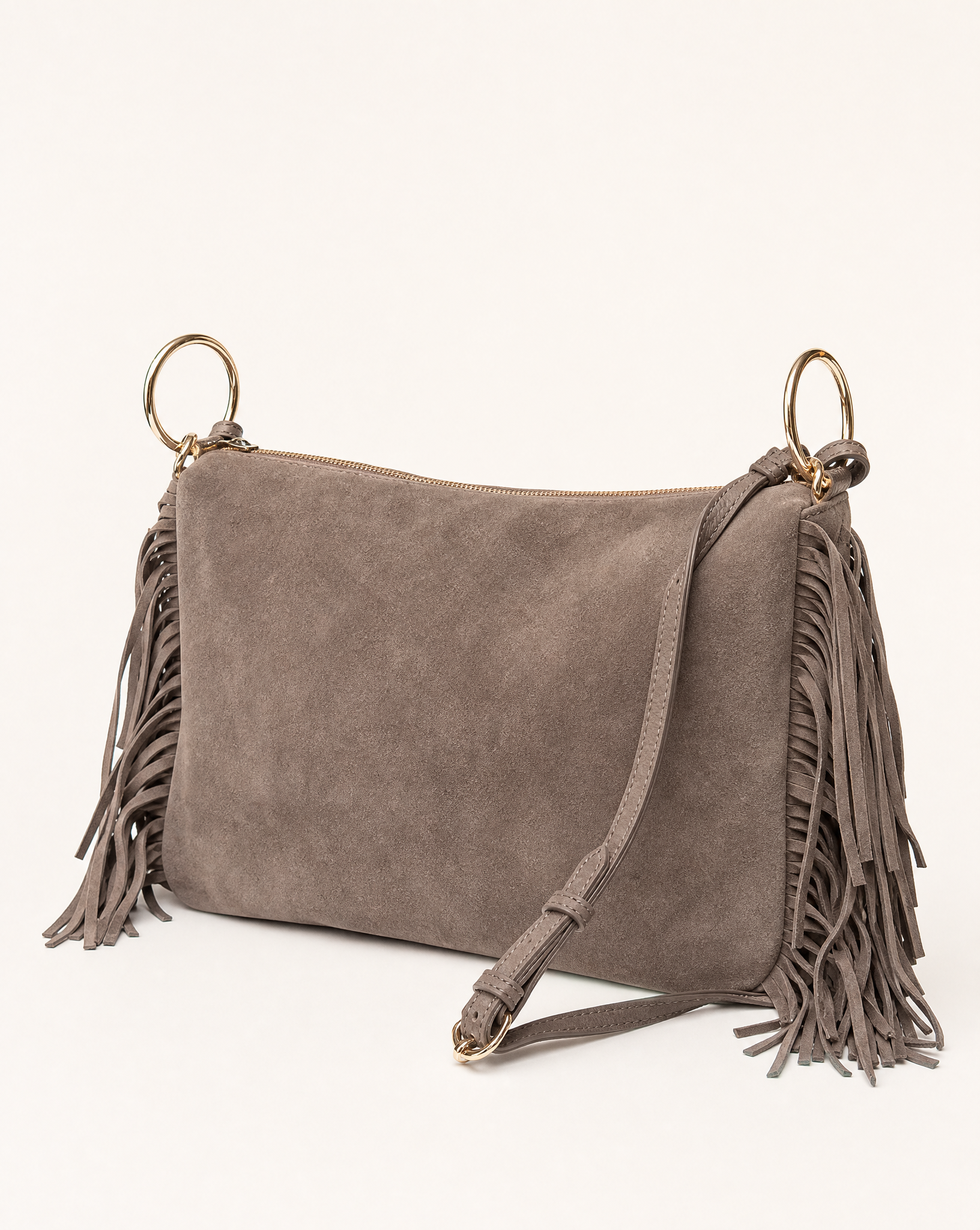 Borsa donna con frange in vera pelle – Taupe tre-quarti