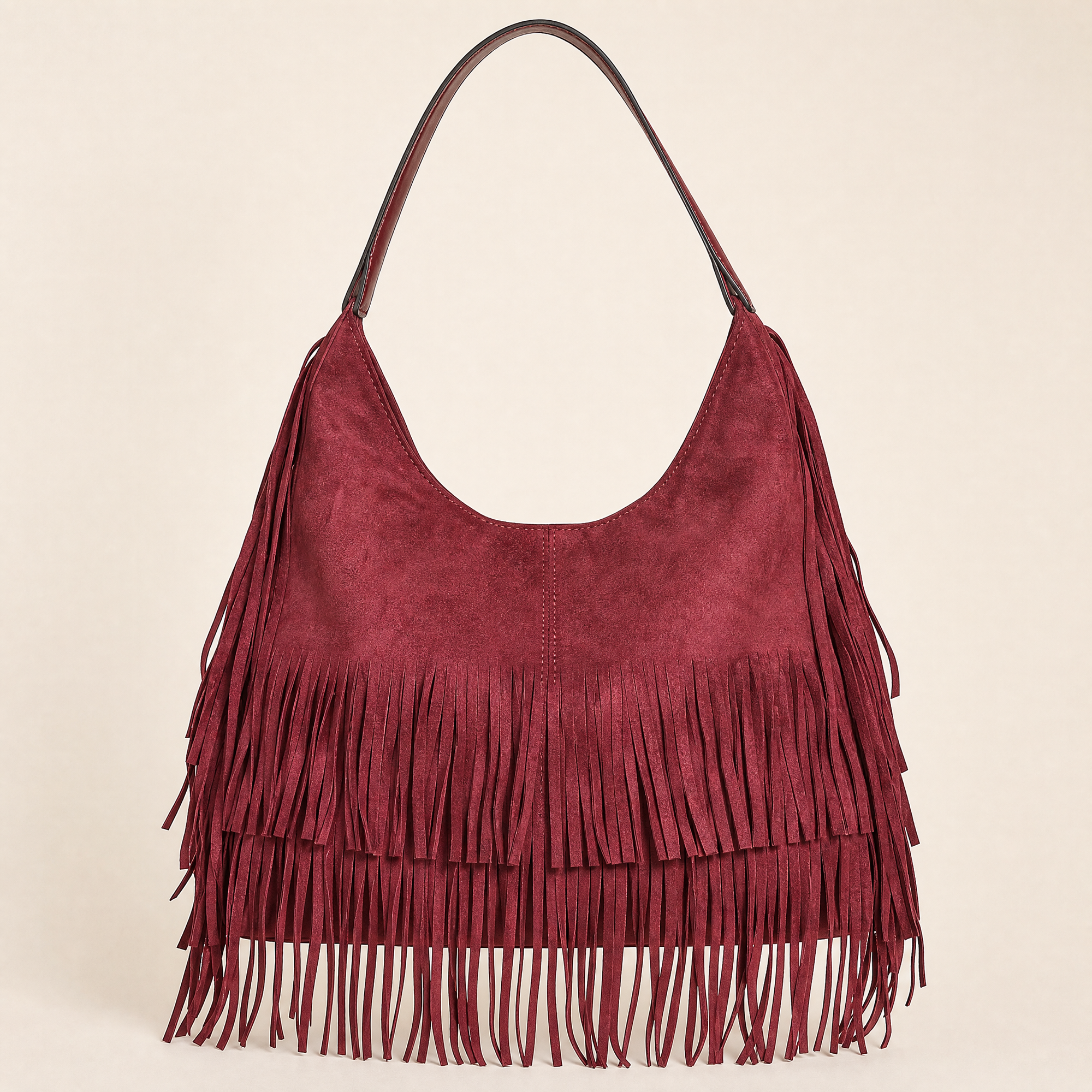 Borsa hobo con frange in ecopelle Bordeaux - vista frontale