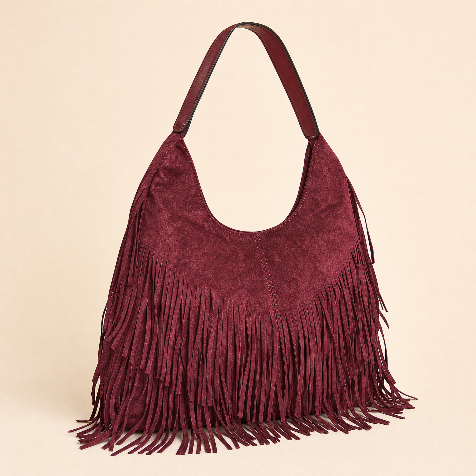 Borsa hobo con frange in ecopelle Bordeaux - vista tre quarti