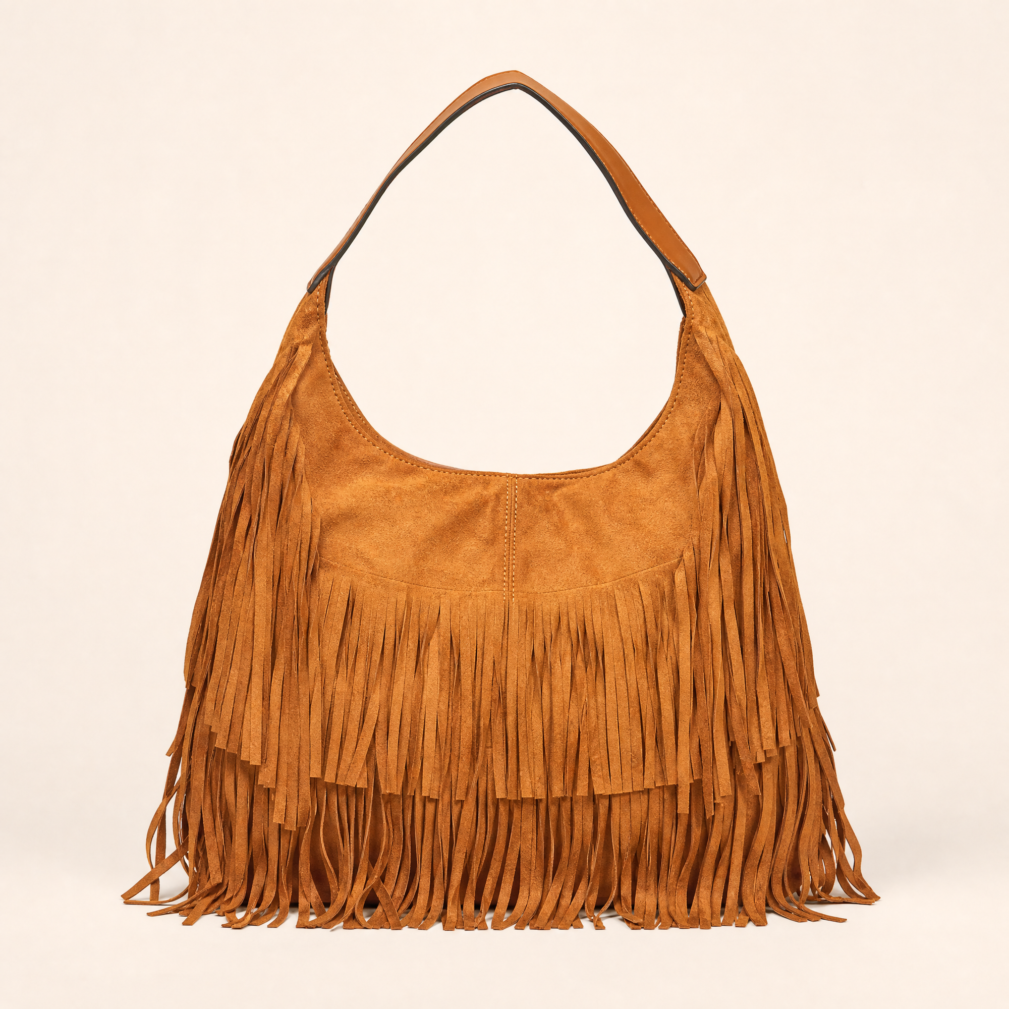 Borsa hobo con frange in ecopelle Camel - vista frontale