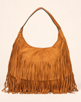 Borsa hobo con frange in ecopelle Camel - vista frontale