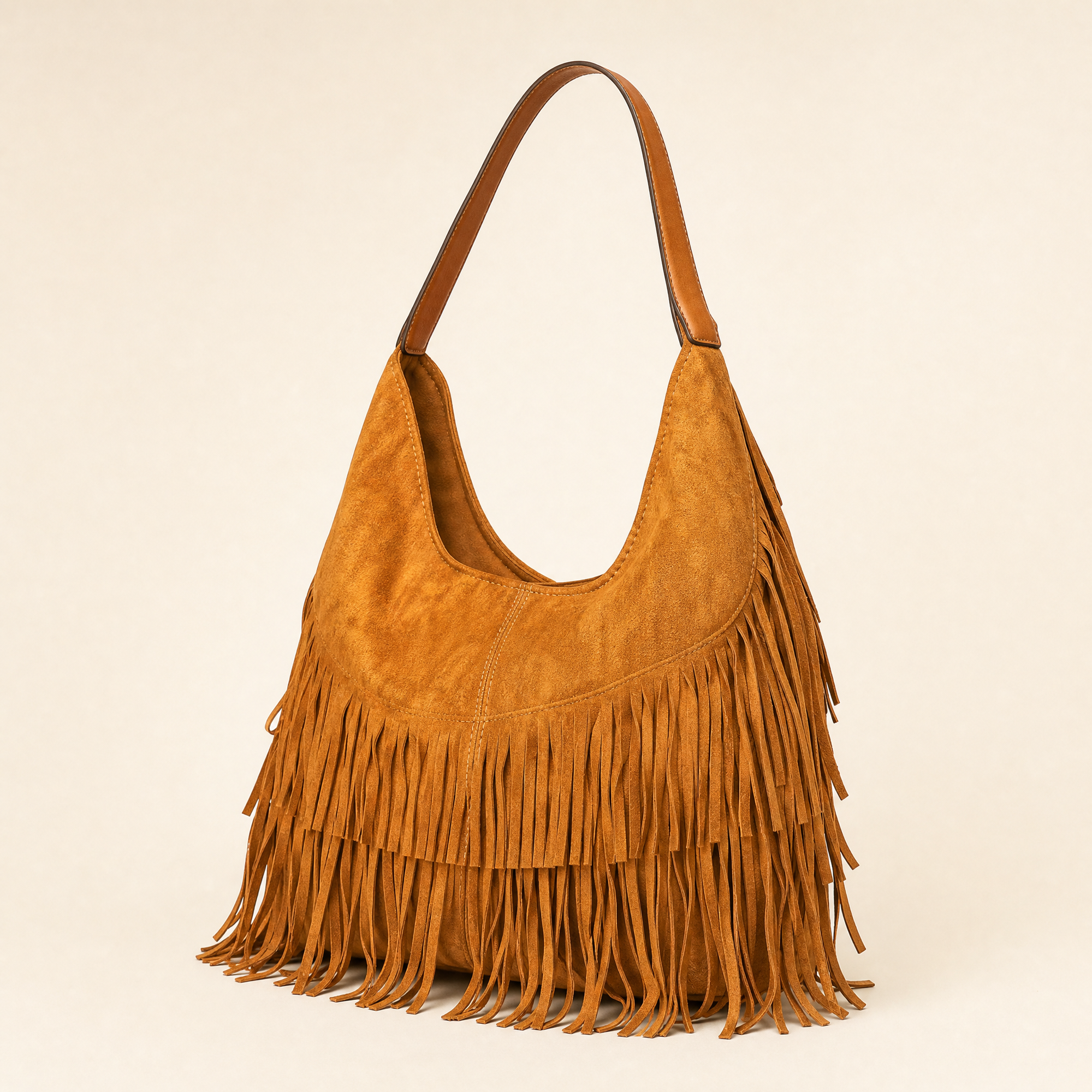 Borsa hobo con frange in ecopelle Camel - vista tre quarti