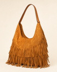 Borsa hobo con frange in ecopelle Camel - vista tre quarti