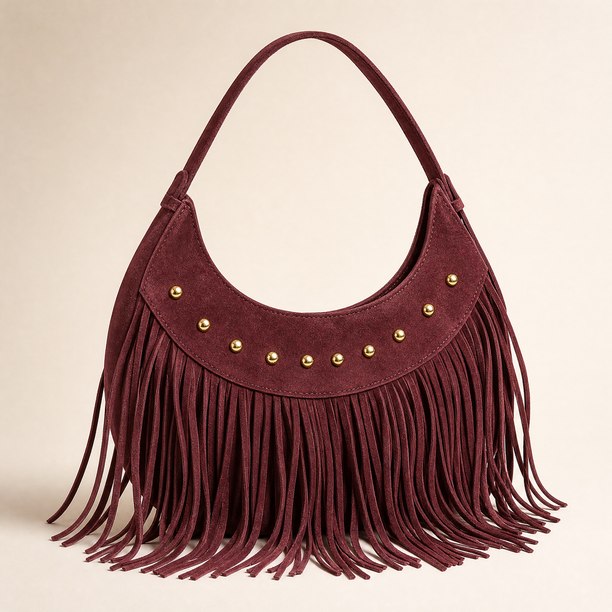 Borsa hobo bordeaux, dettaglio di pelle, frange e borchie