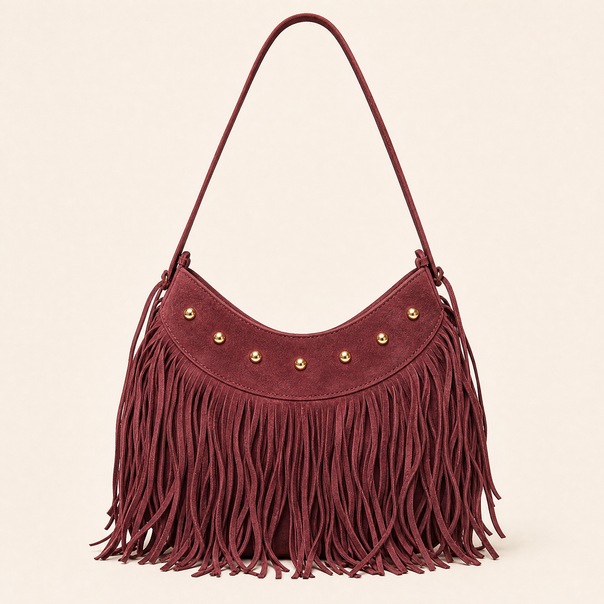 Borsa hobo con frange in vera pelle bordeaux, vista frontale
