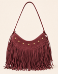 Borsa hobo con frange in vera pelle bordeaux, vista frontale