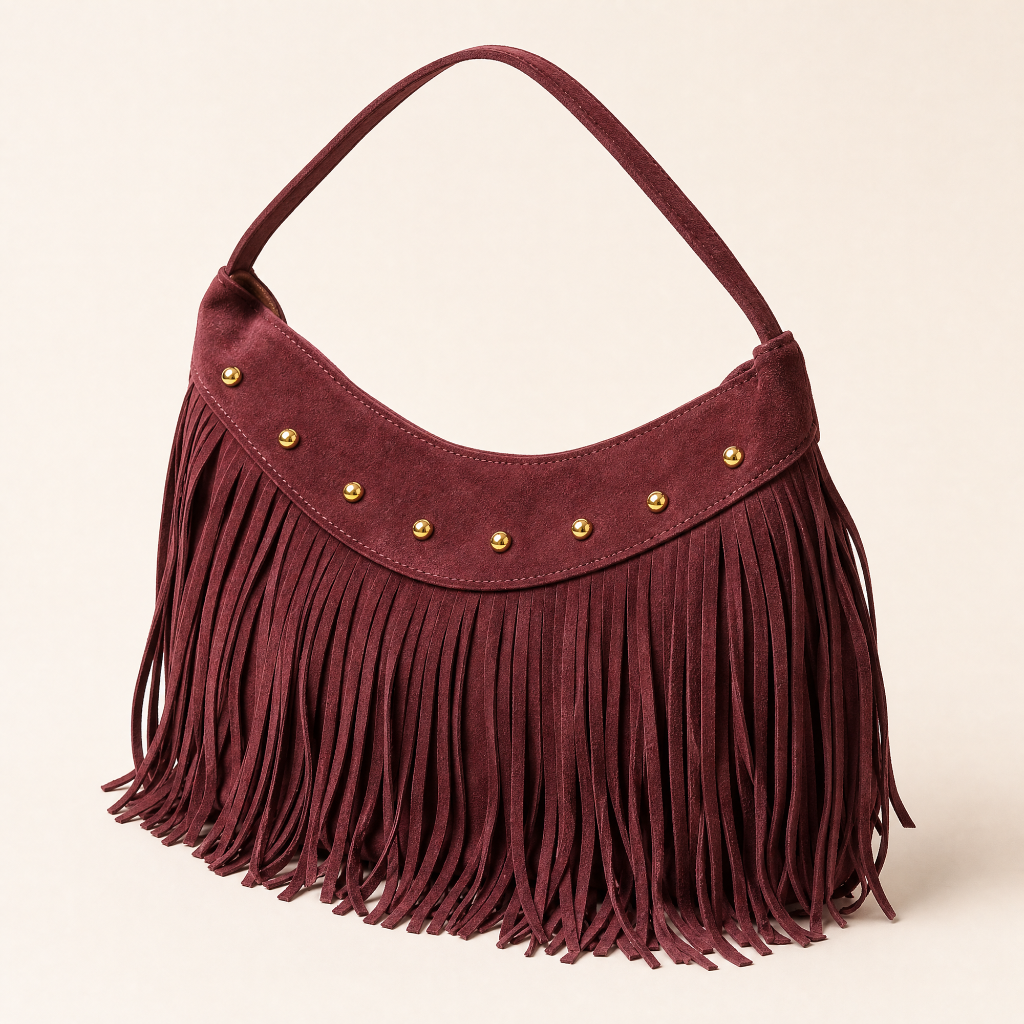 Borsa hobo con frange in vera pelle bordeaux, vista a tre quarti