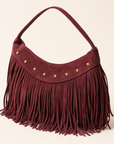 Borsa hobo con frange in vera pelle bordeaux, vista a tre quarti