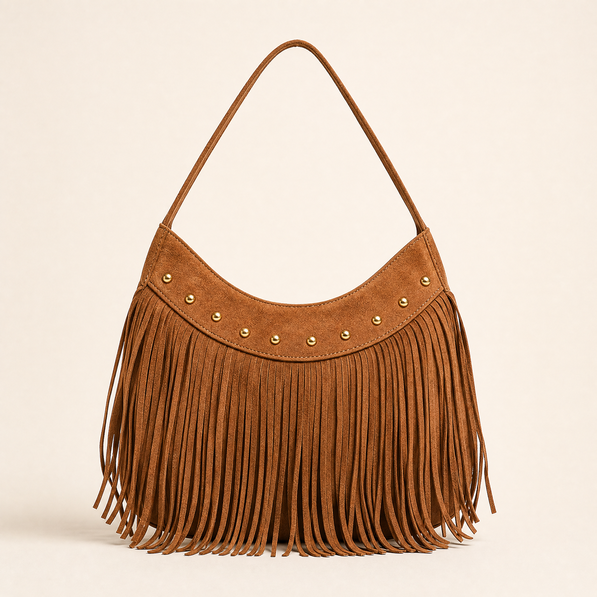 Borsa hobo con frange in vera pelle camel, vista frontale