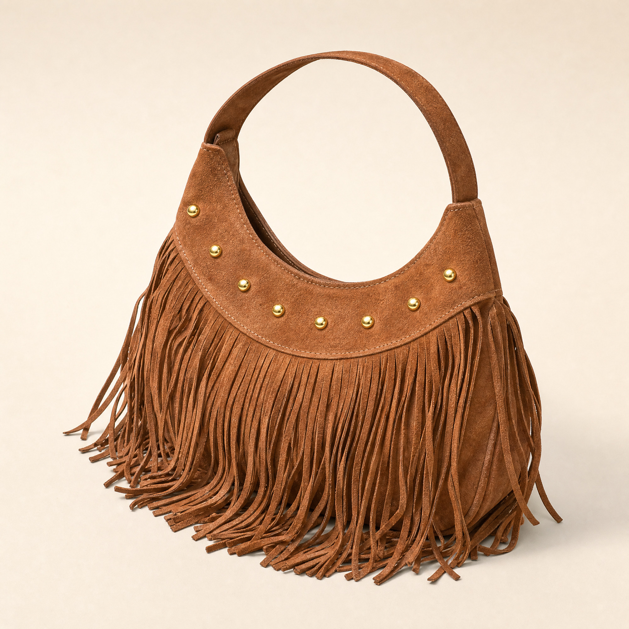 Borsa hobo con frange in vera pelle camel, vista a tre quarti