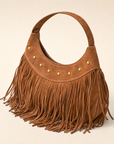 Borsa hobo con frange in vera pelle camel, vista a tre quarti