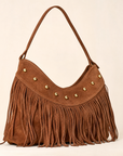 Borsa hobo marrone, dettaglio di pelle, frange e borchie