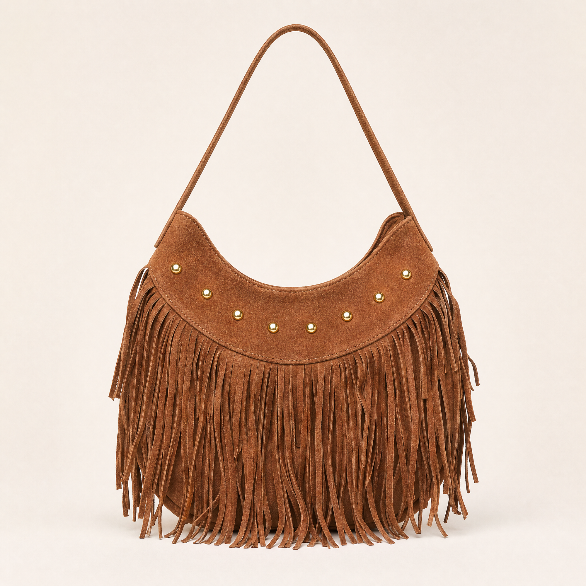 Borsa hobo con frange in vera pelle marrone, vista frontale