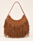 Borsa hobo con frange in vera pelle marrone, vista frontale