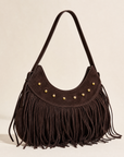 Borsa hobo marrone scuro, dettaglio di pelle, frange e borchie