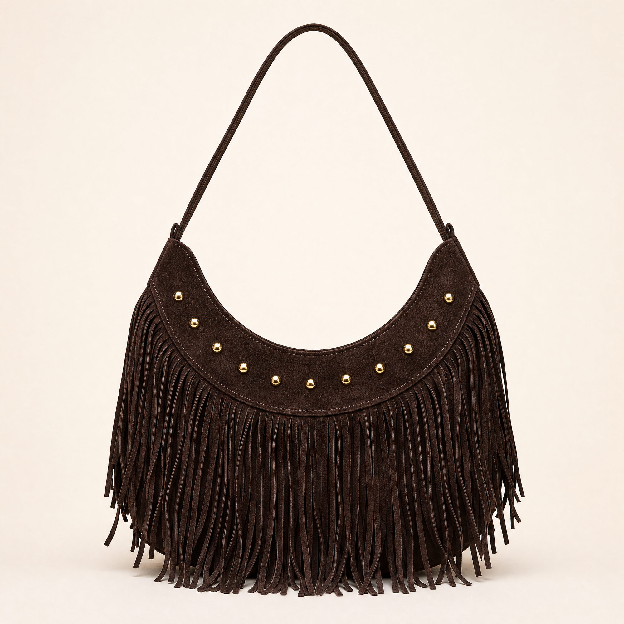 Borsa hobo con frange in vera pelle marrone scuro, vista frontale