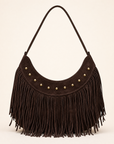 Borsa hobo con frange in vera pelle marrone scuro, vista frontale