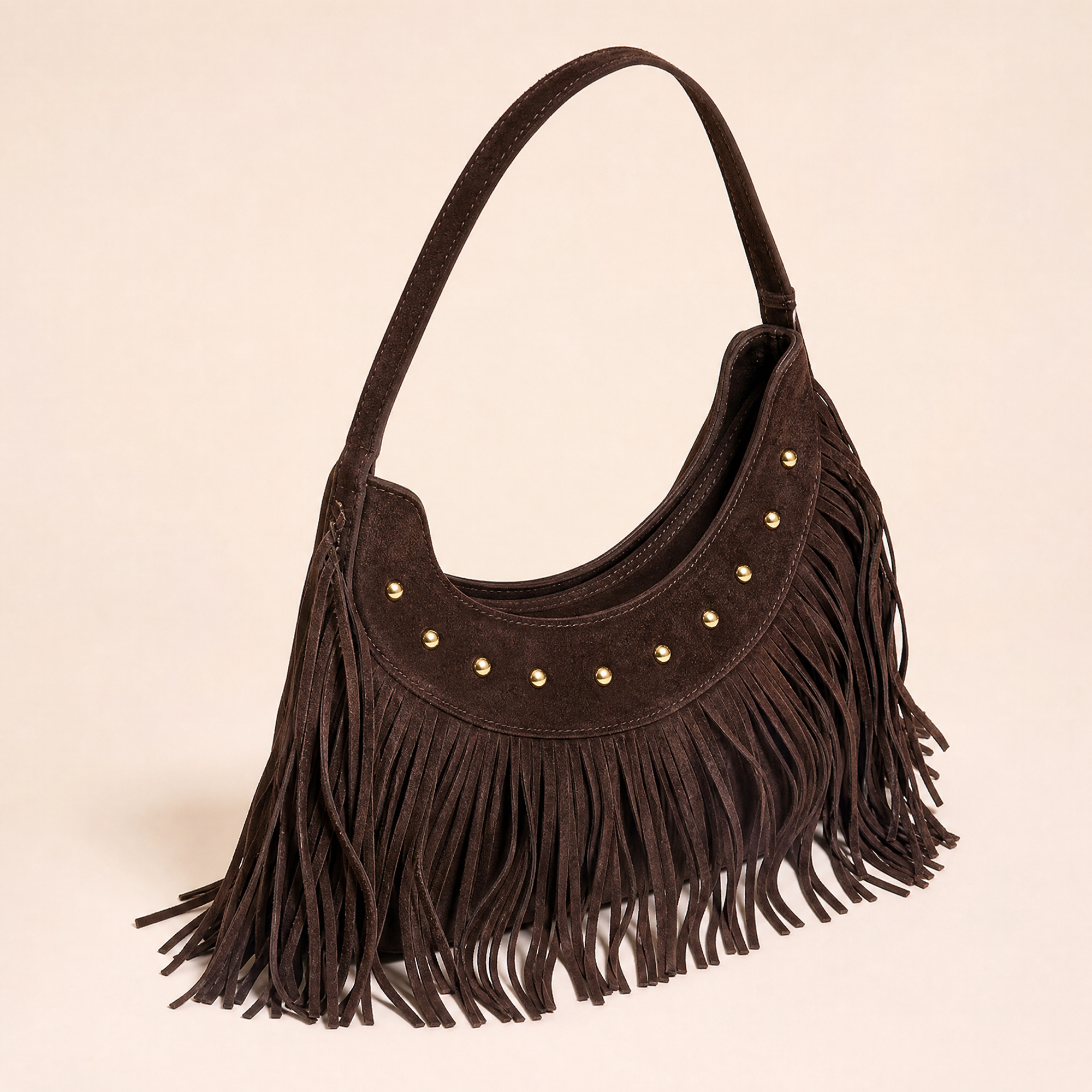Borsa hobo con frange in vera pelle marrone scuro, vista a tre quarti