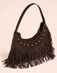 Borsa hobo con frange in vera pelle marrone scuro, vista a tre quarti