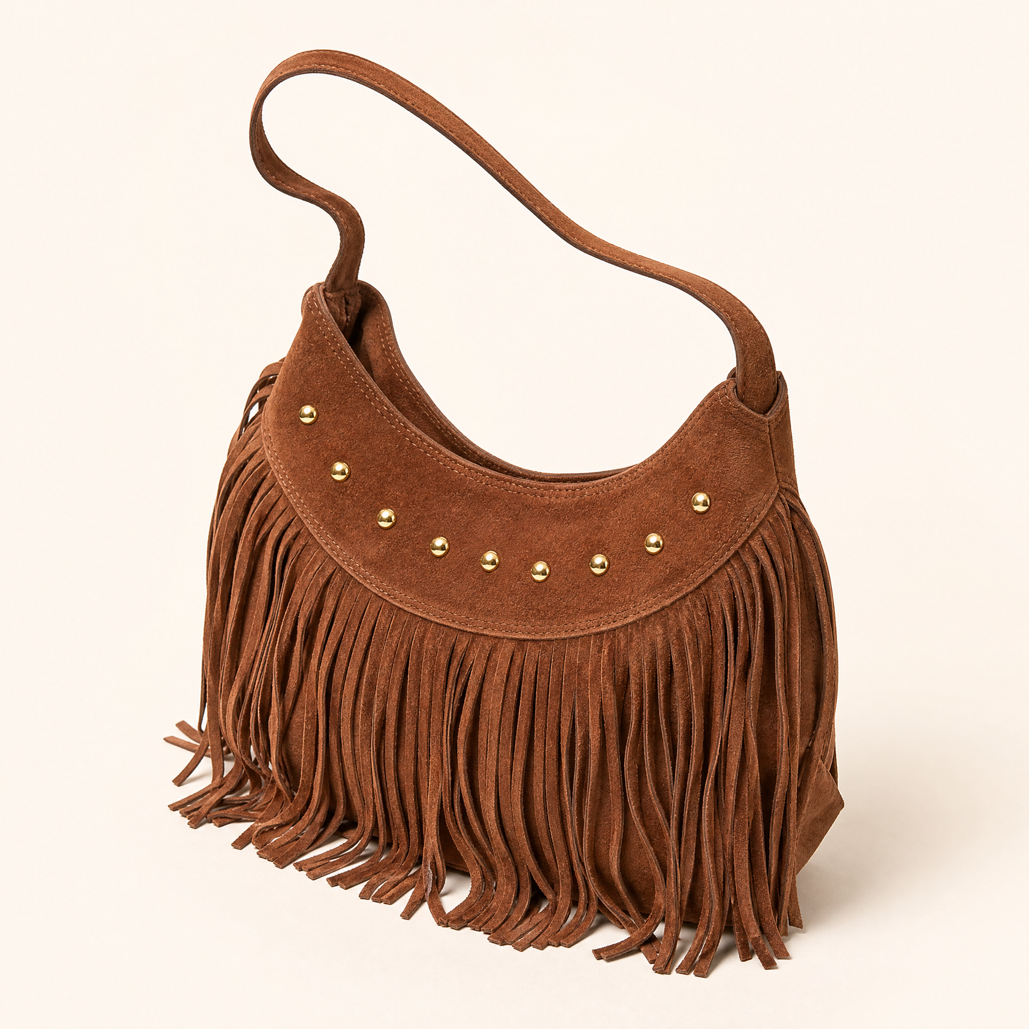 Borsa hobo con frange in vera pelle marrone, vista a tre quarti