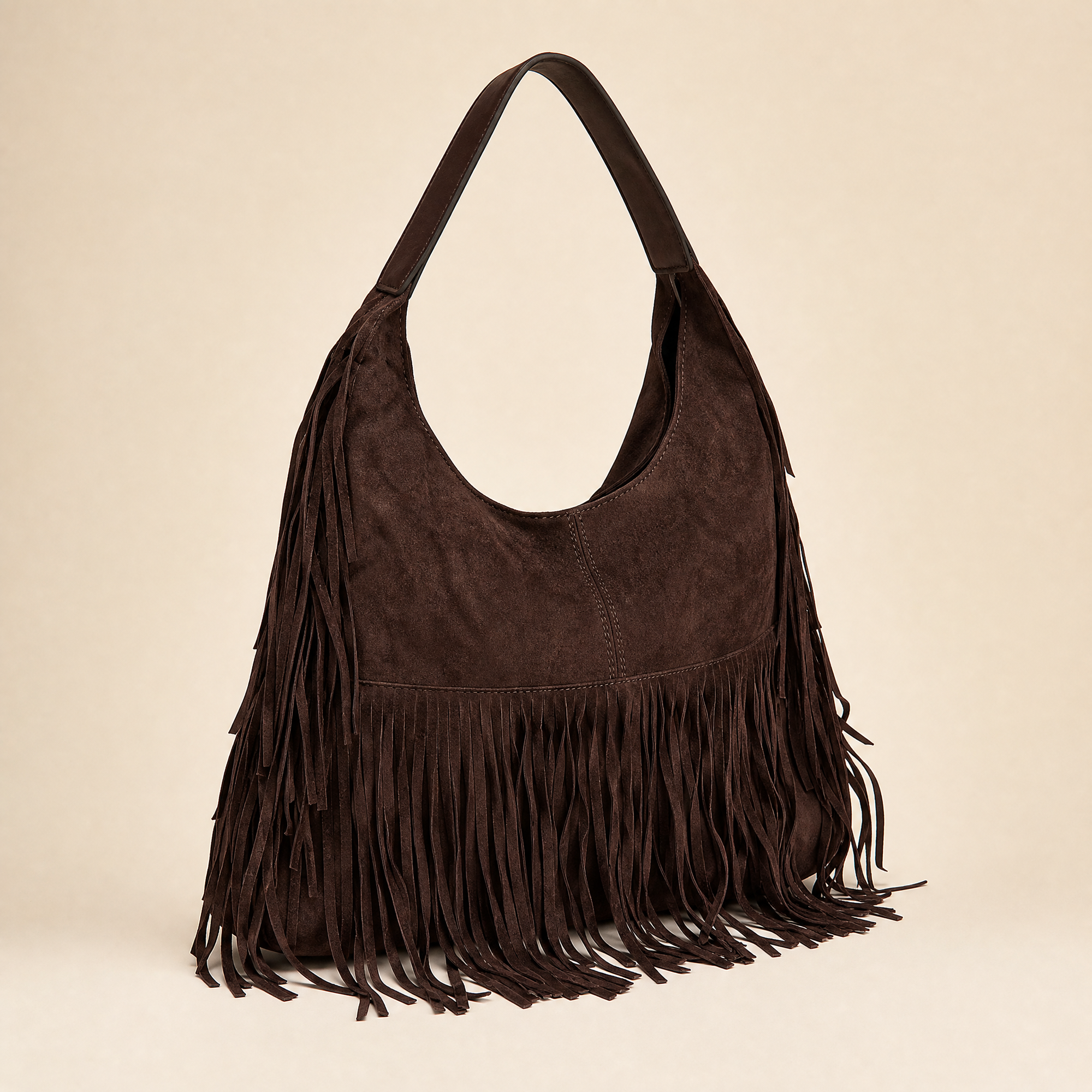 Borsa hobo con frange in ecopelle Marrone - vista tre quarti