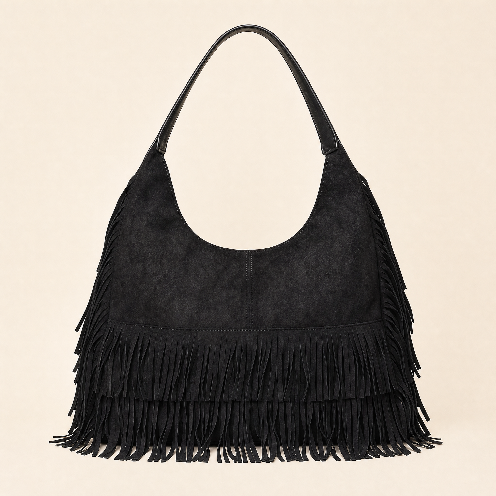 Borsa hobo con frange in ecopelle Nero - vista frontale