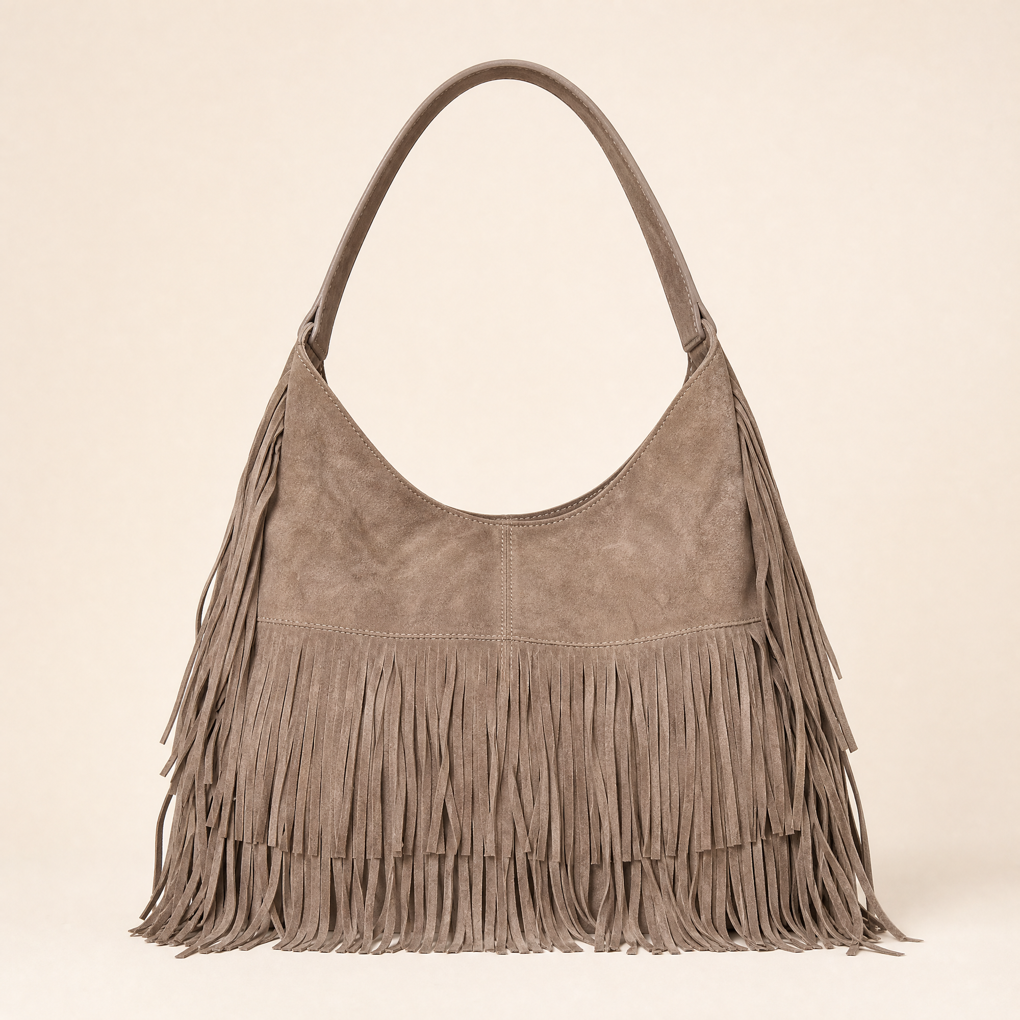 Borsa hobo con frange in ecopelle Taupe - vista frontale